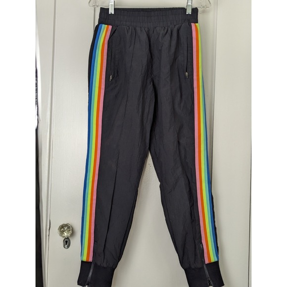 Fabletics Pants - Fabletics Windbreaker Pants Womens S Black Rainbow Side Stripe Zip Ankle Track